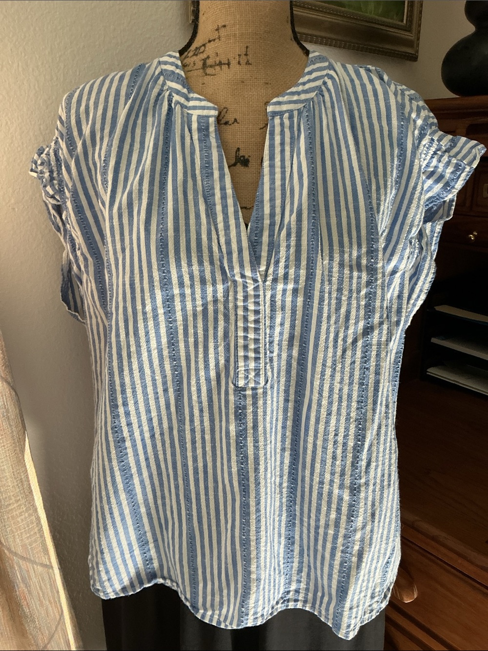 Time and Tru Blue and White Striped Split-Neck Tunic